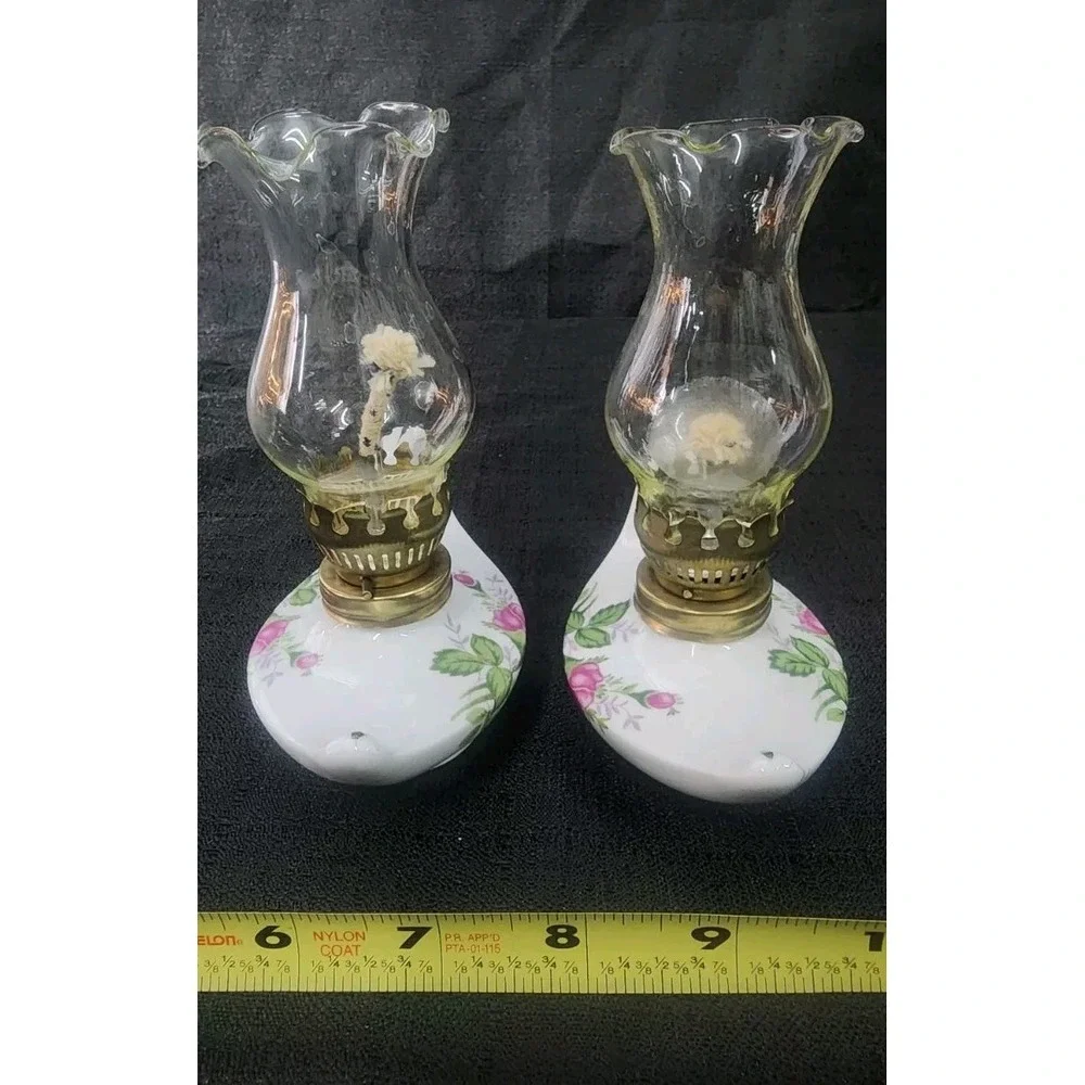 2 Vintage Miniature Aladin Oil Lamp White Porcelain Pink Rose‎ NEW OLD STOCK 80s